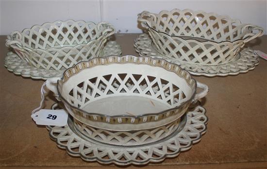 Two 19C Wedgwood pierced oval creamware dishes and stands & a similar unmarked dish and stand